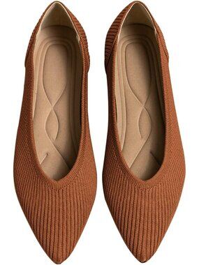 Women's Brown Pointed Toe Knit Ballet Comfortable Dressy Slip On Flats Shoes